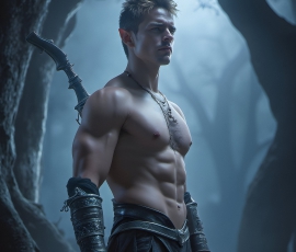 Handsome Male Elves, majestic young male elf standing in an elaborate elven background, in a dark ethereal realm. With pointed ears, wearing glamorous, luxurious, and fierce outfits is an Elven city, full of handsome, and sexy, shirtless elf men, that are adorned with shimmering, iridescent armor.