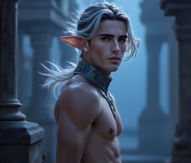 Handsome Male Elves, majestic young male elf standing in an elaborate elven background, in a dark ethereal realm. With pointed ears, wearing glamorous, luxurious, and fierce outfits is an Elven city, full of handsome, and sexy, shirtless elf men, that are adorned with shimmering, iridescent armor.