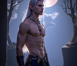 Handsome Male Elves, majestic young male elf standing in an elaborate elven background, in a dark ethereal realm. With pointed ears, wearing glamorous, luxurious, and fierce outfits is an Elven city, full of handsome, and sexy, shirtless elf men, that are adorned with shimmering, iridescent armor.