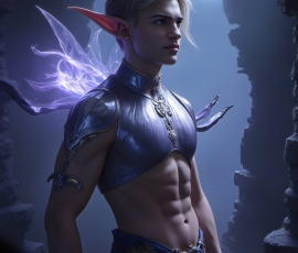 Handsome Male Elves, majestic young male elf standing in an elaborate elven background, in a dark ethereal realm. With pointed ears, wearing glamorous, luxurious, and fierce outfits is an Elven city, full of handsome, and sexy, shirtless elf men, that are adorned with shimmering, iridescent armor.
