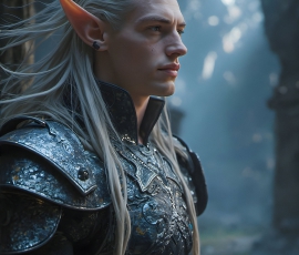 Handsome Male Elves, majestic young male elf standing in an elaborate elven background, in a dark ethereal realm. With pointed ears, wearing glamorous, luxurious, and fierce outfits is an Elven city, full of handsome, and sexy, shirtless elf men, that are adorned with shimmering, iridescent armor.