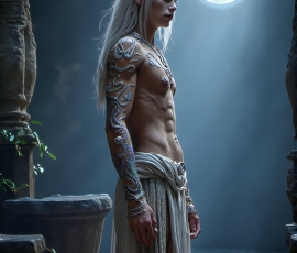 Handsome Male Elves, majestic young male elf standing in an elaborate elven background, in a dark ethereal realm. With pointed ears, wearing glamorous, luxurious, and fierce outfits is an Elven city, full of handsome, and sexy, shirtless elf men, that are adorned with shimmering, iridescent armor.