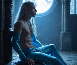 Handsome Male Elves, majestic young male elf standing in an elaborate elven background, in a dark ethereal realm. With pointed ears, wearing glamorous, luxurious, and fierce outfits is an Elven city, full of handsome, and sexy, shirtless elf men, that are adorned with shimmering, iridescent armor.