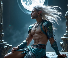 Handsome Male Elves, majestic young male elf standing in an elaborate elven background, in a dark ethereal realm. With pointed ears, wearing glamorous, luxurious, and fierce outfits is an Elven city, full of handsome, and sexy, shirtless elf men, that are adorned with shimmering, iridescent armor.