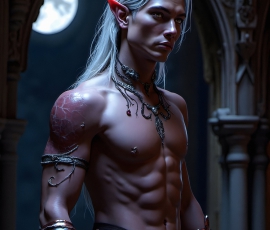 Handsome Male Elves, majestic young male elf standing in an elaborate elven background, in a dark ethereal realm. With pointed ears, wearing glamorous, luxurious, and fierce outfits is an Elven city, full of handsome, and sexy, shirtless elf men, that are adorned with shimmering, iridescent armor.