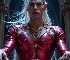 Handsome Male Elves, majestic young male elf standing in an elaborate elven background, in a dark ethereal realm. With pointed ears, wearing glamorous, luxurious, and fierce outfits is an Elven city, full of handsome, and sexy, shirtless elf men, that are adorned with shimmering, iridescent armor.
