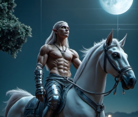 Handsome Male Elves, majestic young male elf standing in an elaborate elven background, in a dark ethereal realm. With pointed ears, wearing glamorous, luxurious, and fierce outfits is an Elven city, full of handsome, and sexy, shirtless elf men, that are adorned with shimmering, iridescent armor.