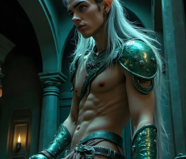 Handsome Male Elves, majestic young male elf standing in an elaborate elven background, in a dark ethereal realm. With pointed ears, wearing glamorous, luxurious, and fierce outfits is an Elven city, full of handsome, and sexy, shirtless elf men, that are adorned with shimmering, iridescent armor.