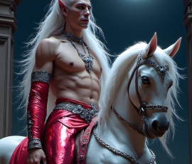 Handsome Male Elves, majestic young male elf standing in an elaborate elven background, in a dark ethereal realm. With pointed ears, wearing glamorous, luxurious, and fierce outfits is an Elven city, full of handsome, and sexy, shirtless elf men, that are adorned with shimmering, iridescent armor.