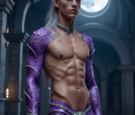 Handsome Male Elves, majestic young male elf standing in an elaborate elven background, in a dark ethereal realm. With pointed ears, wearing glamorous, luxurious, and fierce outfits is an Elven city, full of handsome, and sexy, shirtless elf men, that are adorned with shimmering, iridescent armor.