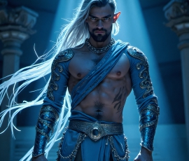 Handsome Male Elves, majestic young male elf standing in an elaborate elven background, in a dark ethereal realm. With pointed ears, wearing glamorous, luxurious, and fierce outfits is an Elven city, full of handsome, and sexy, shirtless elf men, that are adorned with shimmering, iridescent armor.