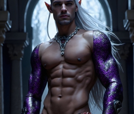 Handsome Male Elves, majestic young male elf standing in an elaborate elven background, in a dark ethereal realm. With pointed ears, wearing glamorous, luxurious, and fierce outfits is an Elven city, full of handsome, and sexy, shirtless elf men, that are adorned with shimmering, iridescent armor.