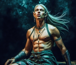 Handsome Male Elves, majestic young male elf standing in an elaborate elven background, in a dark ethereal realm. With pointed ears, wearing glamorous, luxurious, and fierce outfits is an Elven city, full of handsome, and sexy, shirtless elf men, that are adorned with shimmering, iridescent armor.