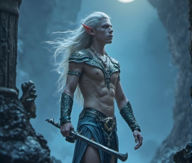 Handsome Male Elves, majestic young male elf standing in an elaborate elven background, in a dark ethereal realm. With pointed ears, wearing glamorous, luxurious, and fierce outfits is an Elven city, full of handsome, and sexy, shirtless elf men, that are adorned with shimmering, iridescent armor.