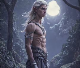 Handsome Male Elves, majestic young male elf standing in an elaborate elven background, in a dark ethereal realm. With pointed ears, wearing glamorous, luxurious, and fierce outfits is an Elven city, full of handsome, and sexy, shirtless elf men, that are adorned with shimmering, iridescent armor.
