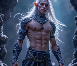Handsome Male Elves, majestic young male elf standing in an elaborate elven background, in a dark ethereal realm. With pointed ears, wearing glamorous, luxurious, and fierce outfits is an Elven city, full of handsome, and sexy, shirtless elf men, that are adorned with shimmering, iridescent armor.