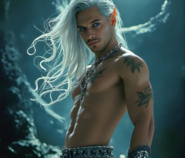 Handsome Male Elves, majestic young male elf standing in an elaborate elven background, in a dark ethereal realm. With pointed ears, wearing glamorous, luxurious, and fierce outfits is an Elven city, full of handsome, and sexy, shirtless elf men, that are adorned with shimmering, iridescent armor.