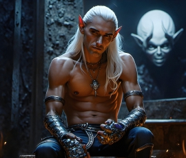 Handsome Male Elves, majestic young male elf standing in an elaborate elven background, in a dark ethereal realm. With pointed ears, wearing glamorous, luxurious, and fierce outfits is an Elven city, full of handsome, and sexy, shirtless elf men, that are adorned with shimmering, iridescent armor.