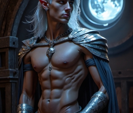Handsome Male Elves, majestic young male elf standing in an elaborate elven background, in a dark ethereal realm. With pointed ears, wearing glamorous, luxurious, and fierce outfits is an Elven city, full of handsome, and sexy, shirtless elf men, that are adorned with shimmering, iridescent armor.