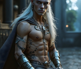 Handsome Male Elves, majestic young male elf standing in an elaborate elven background, in a dark ethereal realm. With pointed ears, wearing glamorous, luxurious, and fierce outfits is an Elven city, full of handsome, and sexy, shirtless elf men, that are adorned with shimmering, iridescent armor.