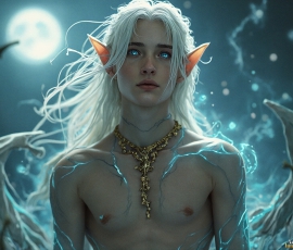 Handsome Male Elves, majestic young male elf standing in an elaborate elven background, in a dark ethereal realm. With pointed ears, wearing glamorous, luxurious, and fierce outfits is an Elven city, full of handsome, and sexy, shirtless elf men, that are adorned with shimmering, iridescent armor.