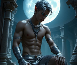 Handsome Male Elves, majestic young male elf standing in an elaborate elven background, in a dark ethereal realm. With pointed ears, wearing glamorous, luxurious, and fierce outfits is an Elven city, full of handsome, and sexy, shirtless elf men, that are adorned with shimmering, iridescent armor.