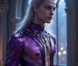 Handsome Male Elves, majestic young male elf standing in an elaborate elven background, in a dark ethereal realm. With pointed ears, wearing glamorous, luxurious, and fierce outfits is an Elven city, full of handsome, and sexy, shirtless elf men, that are adorned with shimmering, iridescent armor.