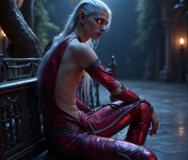 Handsome Male Elves, majestic young male elf standing in an elaborate elven background, in a dark ethereal realm. With pointed ears, wearing glamorous, luxurious, and fierce outfits is an Elven city, full of handsome, and sexy, shirtless elf men, that are adorned with shimmering, iridescent armor.