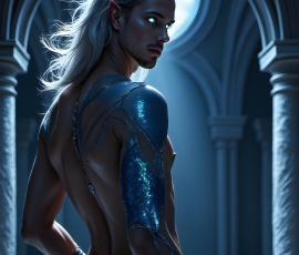 Handsome Male Elves, majestic young male elf standing in an elaborate elven background, in a dark ethereal realm. With pointed ears, wearing glamorous, luxurious, and fierce outfits is an Elven city, full of handsome, and sexy, shirtless elf men, that are adorned with shimmering, iridescent armor.