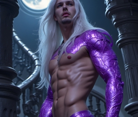 Handsome Male Elves, majestic young male elf standing in an elaborate elven background, in a dark ethereal realm. With pointed ears, wearing glamorous, luxurious, and fierce outfits is an Elven city, full of handsome, and sexy, shirtless elf men, that are adorned with shimmering, iridescent armor.