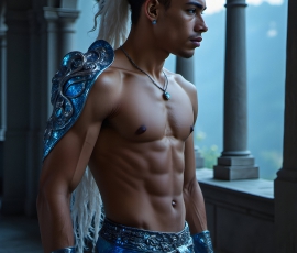 Handsome Male Elves, majestic young male elf standing in an elaborate elven background, in a dark ethereal realm. With pointed ears, wearing glamorous, luxurious, and fierce outfits is an Elven city, full of handsome, and sexy, shirtless elf men, that are adorned with shimmering, iridescent armor.