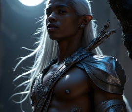 Handsome Male Elves, majestic young male elf standing in an elaborate elven background, in a dark ethereal realm. With pointed ears, wearing glamorous, luxurious, and fierce outfits is an Elven city, full of handsome, and sexy, shirtless elf men, that are adorned with shimmering, iridescent armor.