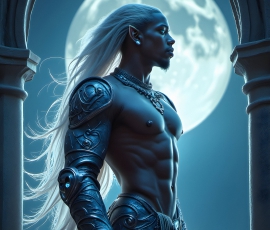 Handsome Male Elves, majestic young male elf standing in an elaborate elven background, in a dark ethereal realm. With pointed ears, wearing glamorous, luxurious, and fierce outfits is an Elven city, full of handsome, and sexy, shirtless elf men, that are adorned with shimmering, iridescent armor.