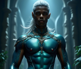 Handsome Male Elves, majestic young male elf standing in an elaborate elven background, in a dark ethereal realm. With pointed ears, wearing glamorous, luxurious, and fierce outfits is an Elven city, full of handsome, and sexy, shirtless elf men, that are adorned with shimmering, iridescent armor.