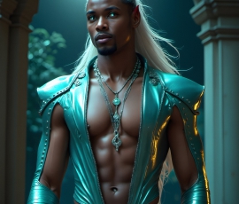 Handsome Male Elves, majestic young male elf standing in an elaborate elven background, in a dark ethereal realm. With pointed ears, wearing glamorous, luxurious, and fierce outfits is an Elven city, full of handsome, and sexy, shirtless elf men, that are adorned with shimmering, iridescent armor.