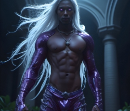 Handsome Male Elves, majestic young male elf standing in an elaborate elven background, in a dark ethereal realm. With pointed ears, wearing glamorous, luxurious, and fierce outfits is an Elven city, full of handsome, and sexy, shirtless elf men, that are adorned with shimmering, iridescent armor.