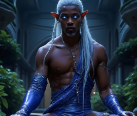 Handsome Male Elves, majestic young male elf standing in an elaborate elven background, in a dark ethereal realm. With pointed ears, wearing glamorous, luxurious, and fierce outfits is an Elven city, full of handsome, and sexy, shirtless elf men, that are adorned with shimmering, iridescent armor.