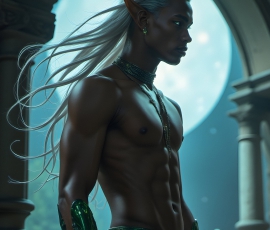 Handsome Male Elves, majestic young male elf standing in an elaborate elven background, in a dark ethereal realm. With pointed ears, wearing glamorous, luxurious, and fierce outfits is an Elven city, full of handsome, and sexy, shirtless elf men, that are adorned with shimmering, iridescent armor.