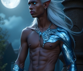 Handsome Male Elves, majestic young male elf standing in an elaborate elven background, in a dark ethereal realm. With pointed ears, wearing glamorous, luxurious, and fierce outfits is an Elven city, full of handsome, and sexy, shirtless elf men, that are adorned with shimmering, iridescent armor.