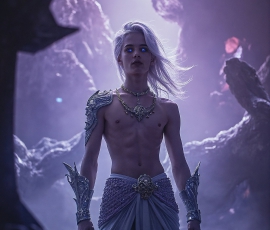 Handsome Male Elves, majestic young male elf standing in an elaborate elven background, in a dark ethereal realm. With pointed ears, wearing glamorous, luxurious, and fierce outfits is an Elven city, full of handsome, and sexy, shirtless elf men, that are adorned with shimmering, iridescent armor.