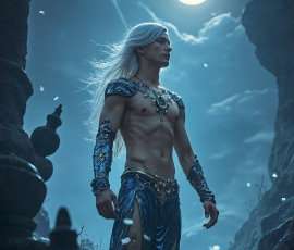 Handsome Male Elves, majestic young male elf standing in an elaborate elven background, in a dark ethereal realm. With pointed ears, wearing glamorous, luxurious, and fierce outfits is an Elven city, full of handsome, and sexy, shirtless elf men, that are adorned with shimmering, iridescent armor.