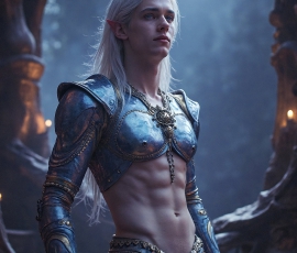 Handsome Male Elves, majestic young male elf standing in an elaborate elven background, in a dark ethereal realm. With pointed ears, wearing glamorous, luxurious, and fierce outfits is an Elven city, full of handsome, and sexy, shirtless elf men, that are adorned with shimmering, iridescent armor.