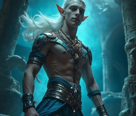 Handsome Male Elves, majestic young male elf standing in an elaborate elven background, in a dark ethereal realm. With pointed ears, wearing glamorous, luxurious, and fierce outfits is an Elven city, full of handsome, and sexy, shirtless elf men, that are adorned with shimmering, iridescent armor.