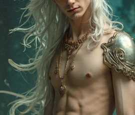 Handsome Male Elves, majestic young male elf standing in an elaborate elven background, in a dark ethereal realm. With pointed ears, wearing glamorous, luxurious, and fierce outfits is an Elven city, full of handsome, and sexy, shirtless elf men, that are adorned with shimmering, iridescent armor.