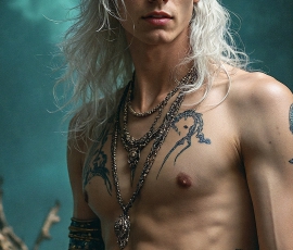 Handsome Male Elves, majestic young male elf standing in an elaborate elven background, in a dark ethereal realm. With pointed ears, wearing glamorous, luxurious, and fierce outfits is an Elven city, full of handsome, and sexy, shirtless elf men, that are adorned with shimmering, iridescent armor.