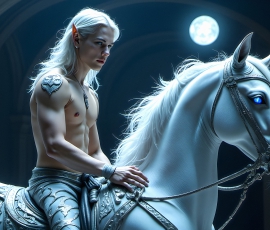 Handsome Male Elves, majestic young male elf standing in an elaborate elven background, in a dark ethereal realm. With pointed ears, wearing glamorous, luxurious, and fierce outfits is an Elven city, full of handsome, and sexy, shirtless elf men, that are adorned with shimmering, iridescent armor.