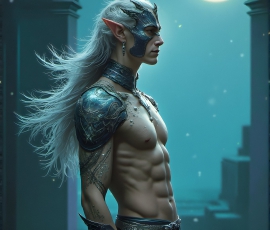 Handsome Male Elves, majestic young male elf standing in an elaborate elven background, in a dark ethereal realm. With pointed ears, wearing glamorous, luxurious, and fierce outfits is an Elven city, full of handsome, and sexy, shirtless elf men, that are adorned with shimmering, iridescent armor.