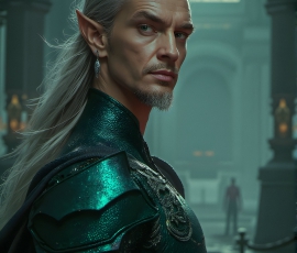 Handsome Male Elves, majestic young male elf standing in an elaborate elven background, in a dark ethereal realm. With pointed ears, wearing glamorous, luxurious, and fierce outfits is an Elven city, full of handsome, and sexy, shirtless elf men, that are adorned with shimmering, iridescent armor.