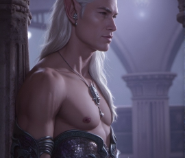 Handsome Male Elves, majestic young male elf standing in an elaborate elven background, in a dark ethereal realm. With pointed ears, wearing glamorous, luxurious, and fierce outfits is an Elven city, full of handsome, and sexy, shirtless elf men, that are adorned with shimmering, iridescent armor.