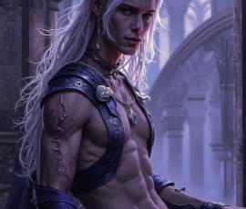 Handsome Male Elves, majestic young male elf standing in an elaborate elven background, in a dark ethereal realm. With pointed ears, wearing glamorous, luxurious, and fierce outfits is an Elven city, full of handsome, and sexy, shirtless elf men, that are adorned with shimmering, iridescent armor.